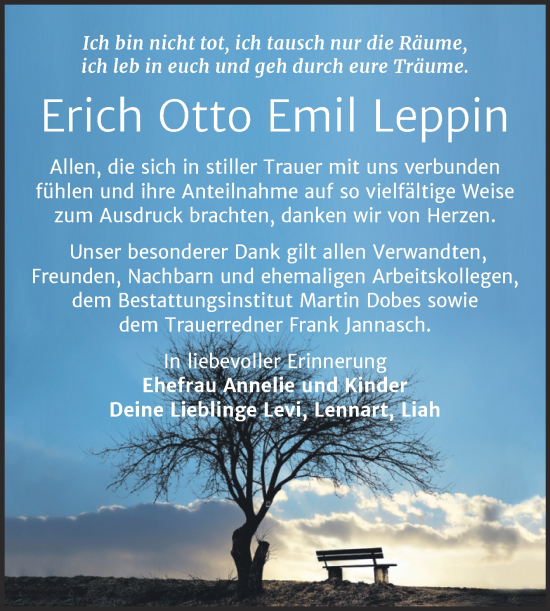 Traueranzeige von Erich Otto Emil Leppin von Trauerkombi Bernburg