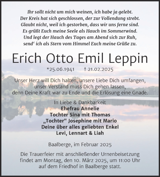 Traueranzeige von Erich Otto Emil Leppin von Trauerkombi Bernburg