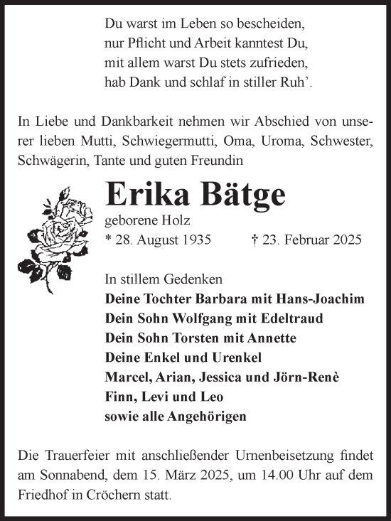 Traueranzeige von Erika Bätge von Volksstimme Haldensleben/Wolmirstedt