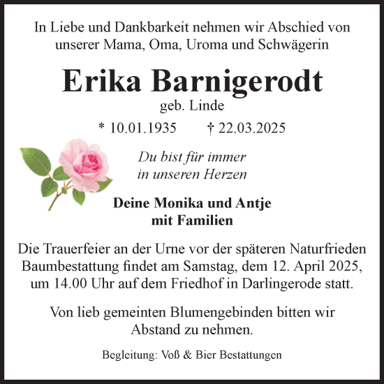 Traueranzeige von Erika Barnigerodt von Volksstimme Wernigerode