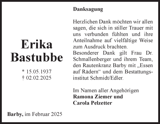 Traueranzeige von Erika Bastubbe von Volksstimme Schönebeck