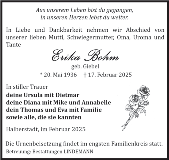 Traueranzeige von Erika Bohm von Volksstimme Halberstadt