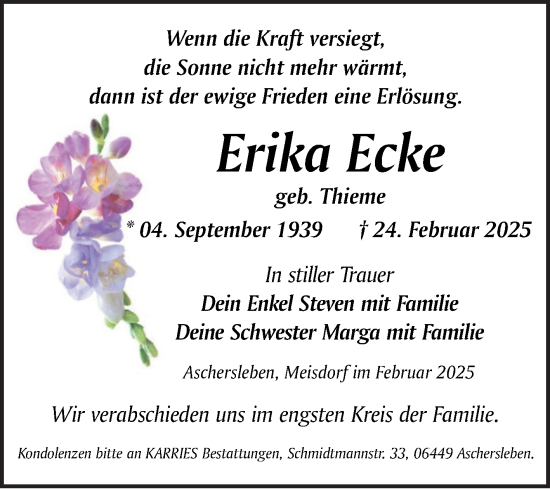 Traueranzeige von Erika Ecke von Trauerkombi Aschersleben