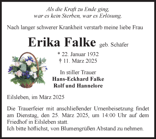 Traueranzeige von Erika Falke von Volksstimme Oschersleben/Wanzleben