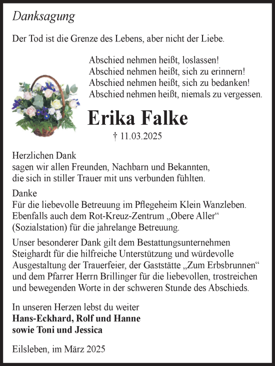 Traueranzeige von Erika Falke von Volksstimme Oschersleben/Wanzleben