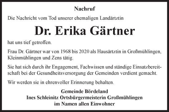 Traueranzeige von Erika Gärtner von Volksstimme Schönebeck
