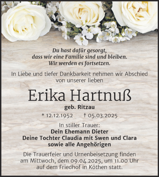 Traueranzeige von Erika Hartnuß von Trauerkombi Köthen
