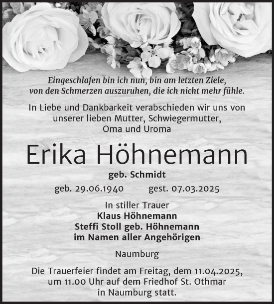 Traueranzeige von Erika Höhnemann von Naumburger Tageblatt