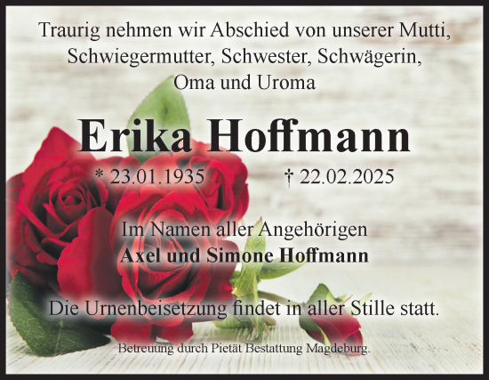 Traueranzeige von Erika Hoffmann von Volksstimme Magdeburg