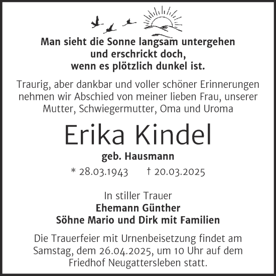 Traueranzeige von Erika Kindel von Trauerkombi Bernburg