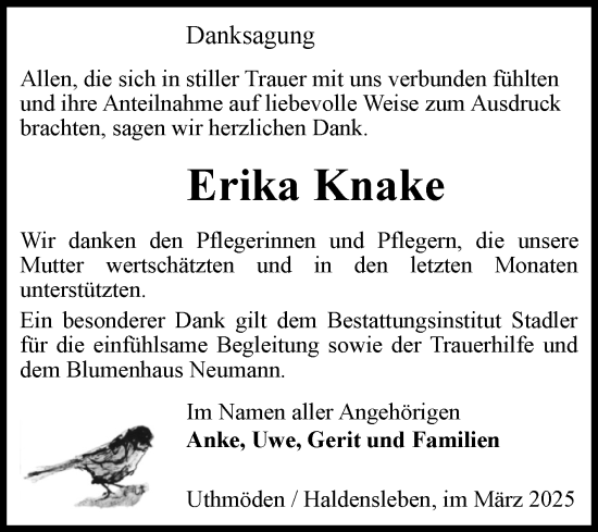 Traueranzeige von Erika Knake von Volksstimme Haldensleben/Wolmirstedt