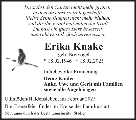 Traueranzeige von Erika Knake von Volksstimme Haldensleben/Wolmirstedt