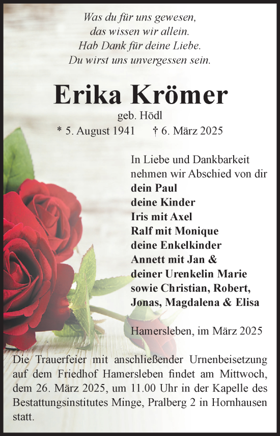 Traueranzeige von Erika Krömer von Volksstimme Oschersleben/Wanzleben