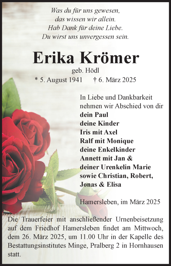 Traueranzeige von Erika Krömer von Volksstimme Oschersleben/Wanzleben