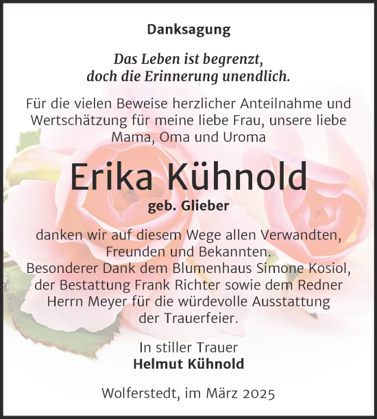 Traueranzeige von Erika Kühnold von Trauerkombi Sangerhausen