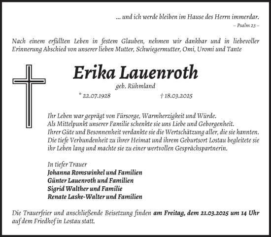 Traueranzeige von Erika Lauenroth von Volksstimme Burg/Genthin