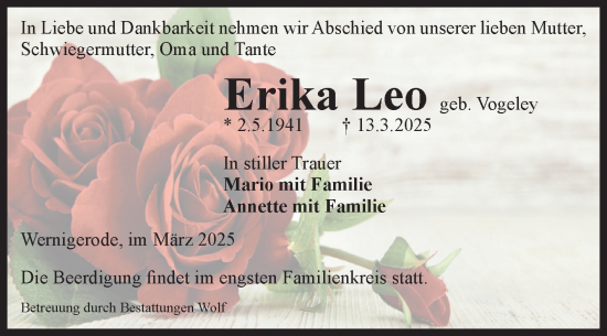 Traueranzeige von Erika Leo von Volksstimme Wernigerode