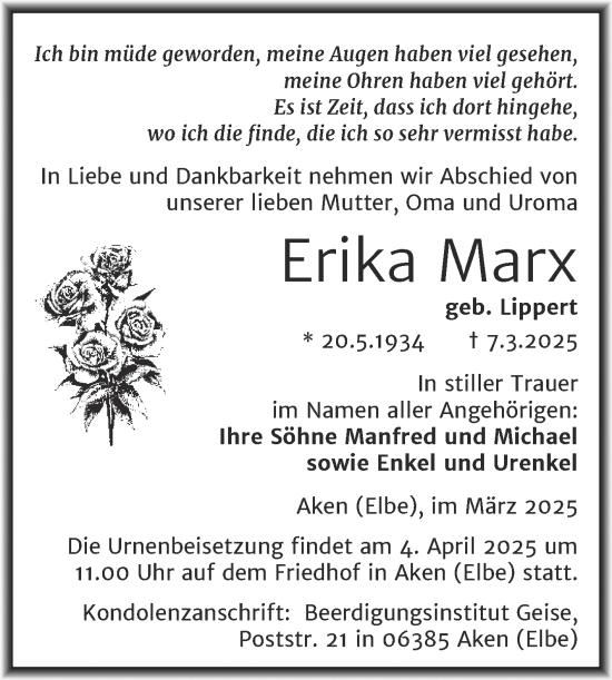 Traueranzeige von Erika Marx von Trauerkombi Köthen