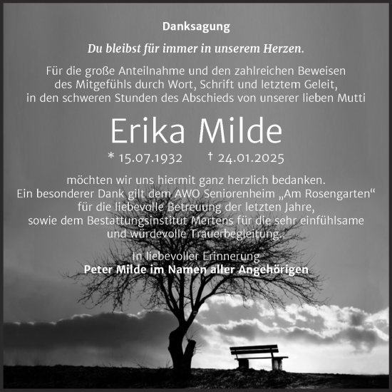 Traueranzeige von Erika Milde von Super Sonntag Naumburg/Nebra