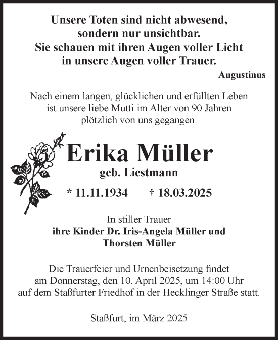 Traueranzeige von Erika Müller von Volksstimme Staßfurt
