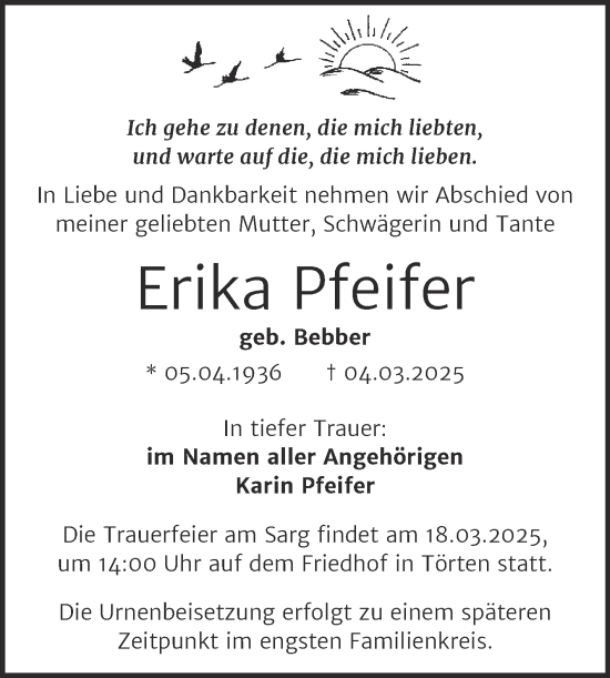 Traueranzeige von Erika Pfeifer von Trauerkombi Dessau