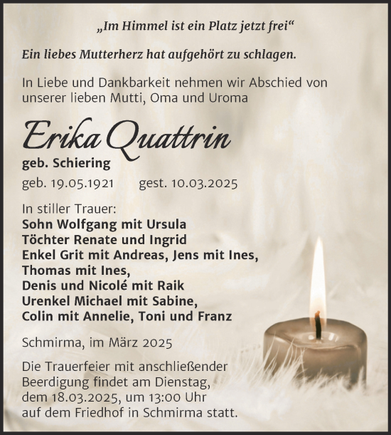 Traueranzeige von Erika Quattrin von Trauerkombi Merseburg