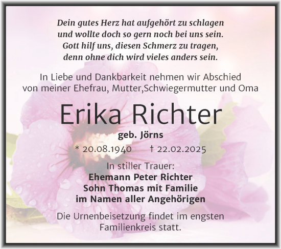 Traueranzeige von Erika Richter von Trauerkombi Bitterfeld
