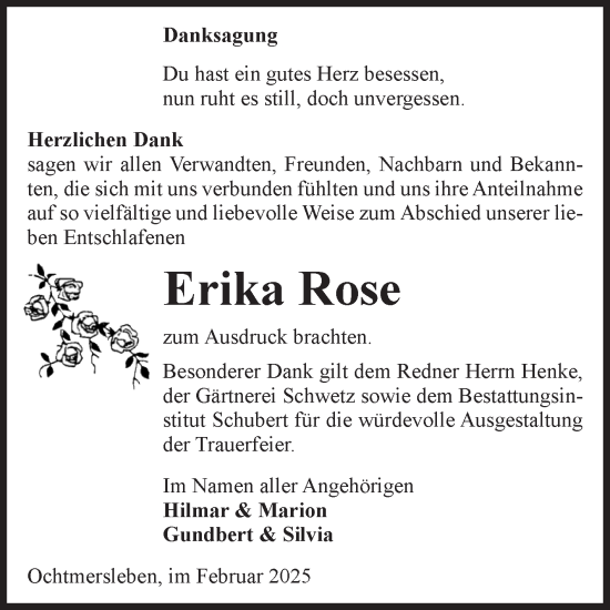 Traueranzeige von Erika Rose von Volksstimme Haldensleben/Wolmirstedt