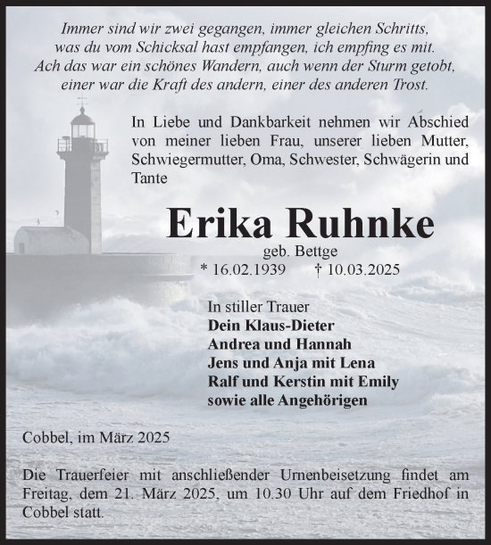 Traueranzeige von Erika Ruhnke von Volksstimme Altmark Ost