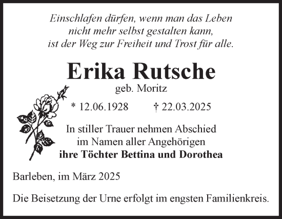 Traueranzeige von Erika Rutsche von Volksstimme Haldensleben/Wolmirstedt