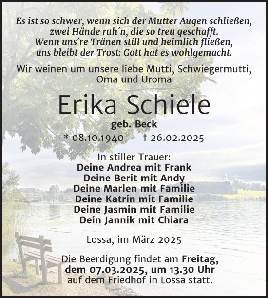 Traueranzeige von Erika Schiele von Super Sonntag Naumburg/Nebra