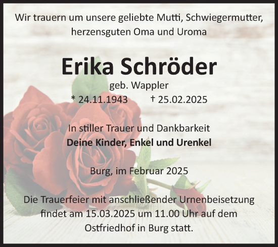 Traueranzeige von Erika Schröder von Volksstimme Burg/Genthin