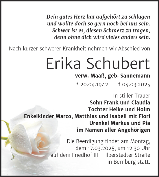 Traueranzeige von Erika Schubert von Trauerkombi Bernburg
