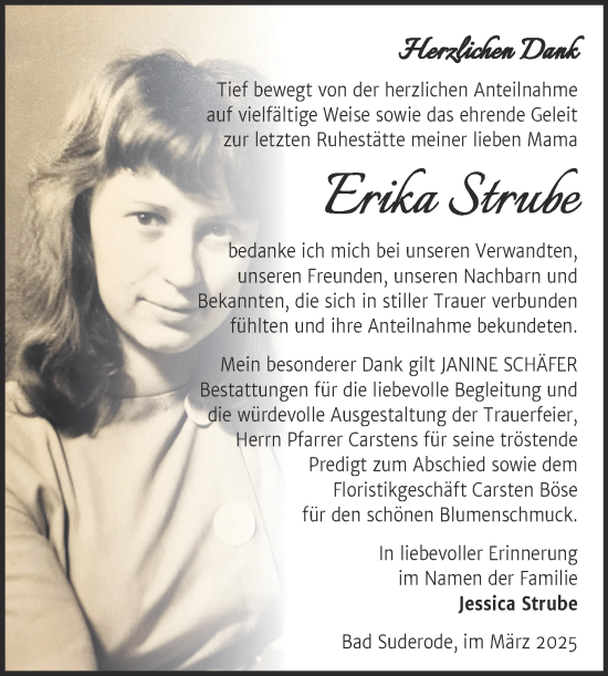 Traueranzeige von Erika Strube von Trauerkombi Quedlinburg