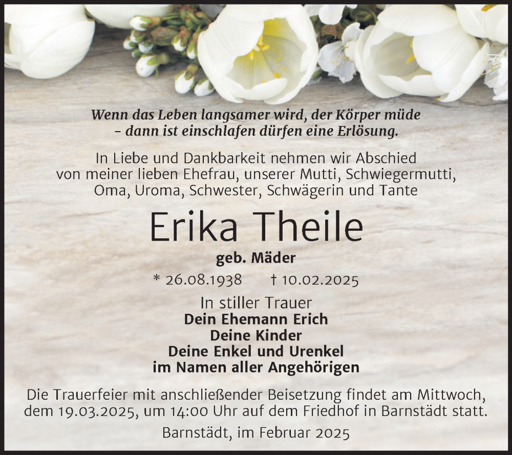  Traueranzeige für Erika Theile vom 08.03.2025 aus Trauerkombi Merseburg