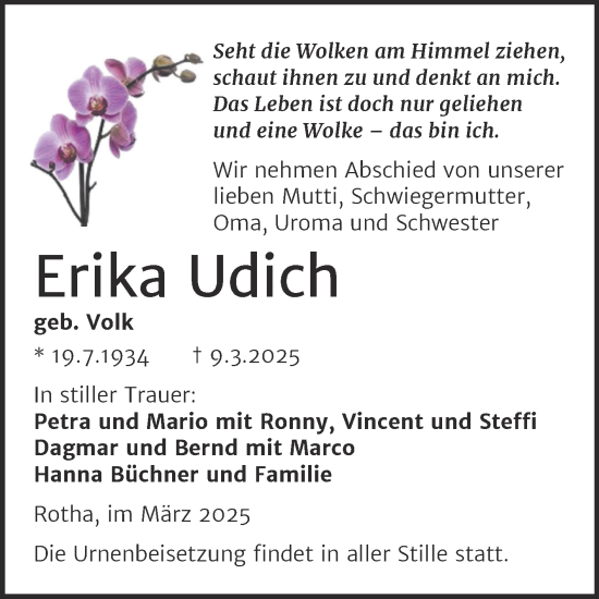 Traueranzeige von Erika Udich von Trauerkombi Sangerhausen