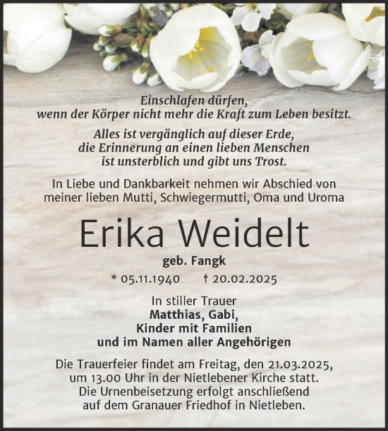 Traueranzeige von Erika Weidelt von Mitteldeutsche Zeitung Halle/Saalkreis