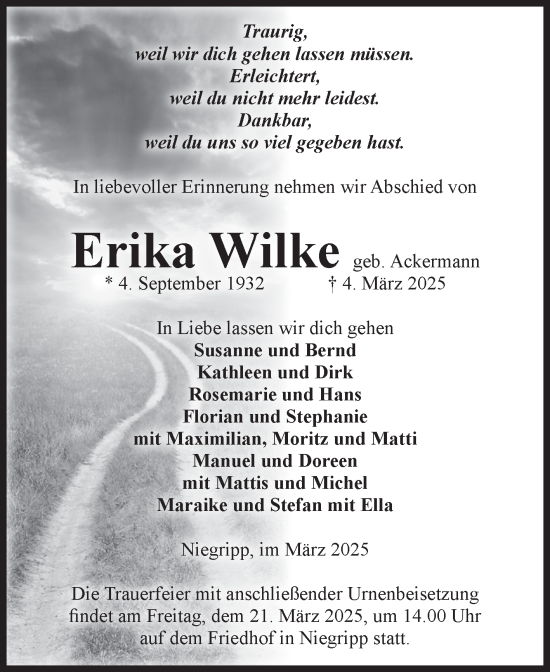 Traueranzeige von Erika Wilke 