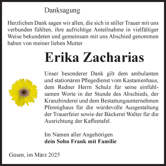 Traueranzeige von Erika Zacharias von Volksstimme Burg/Genthin