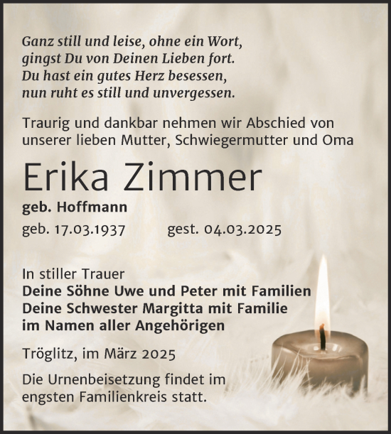Traueranzeige von Erika Zimmer von Trauerkombi Zeitz