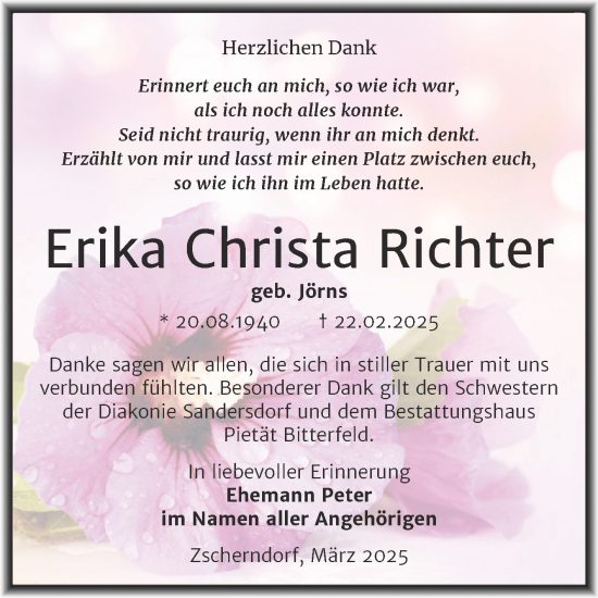 Traueranzeige von Erika Christa Richter von Trauerkombi Bitterfeld