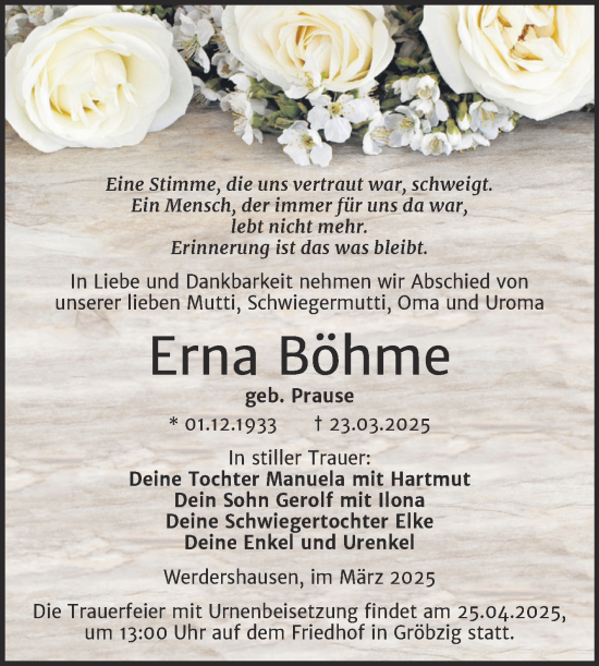 Traueranzeige von Erna Böhme von Trauerkombi Köthen