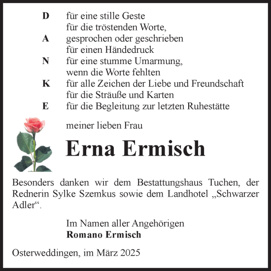 Traueranzeige von Erna Ermisch von Volksstimme Oschersleben/Wanzleben