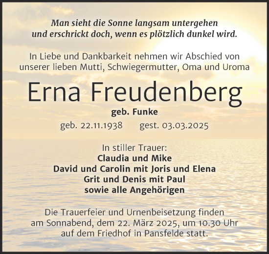 Traueranzeige von Erna Freudenberg von Trauerkombi Quedlinburg