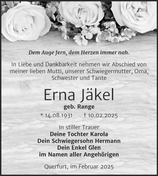 Traueranzeige von Erna Jäkel von Trauerkombi Merseburg