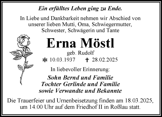 Traueranzeige von Erna Möstl von Trauerkombi Dessau