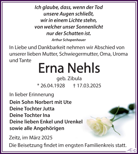 Traueranzeige von Erna Nehls von Trauerkombi Zeitz