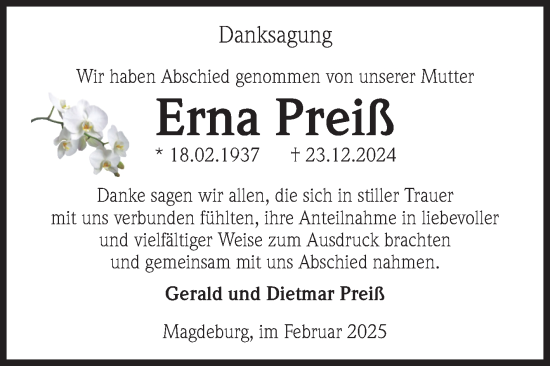 Traueranzeige von Erna Preiß von Volksstimme Magdeburg