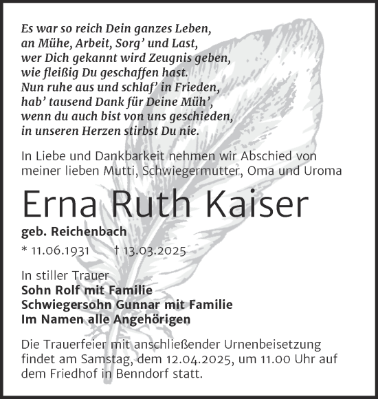 Traueranzeige von Erna Ruth Kaiser von SuperSonntag Bitterfeld