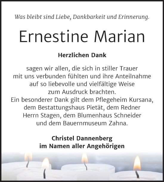 Traueranzeige von Ernestine Marian von Trauerkombi Wittenberg